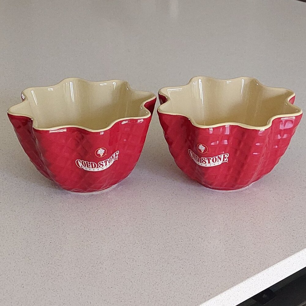 Set of 2 Cold Stone Creamery Red Ceramic Waffle Ice Cream Bowls